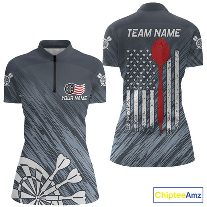 American Flag Grey Grunge Darts Shirt For Women Custom Patriotic Darts Jersey Team Polo & 1/4 Zip TDM5385