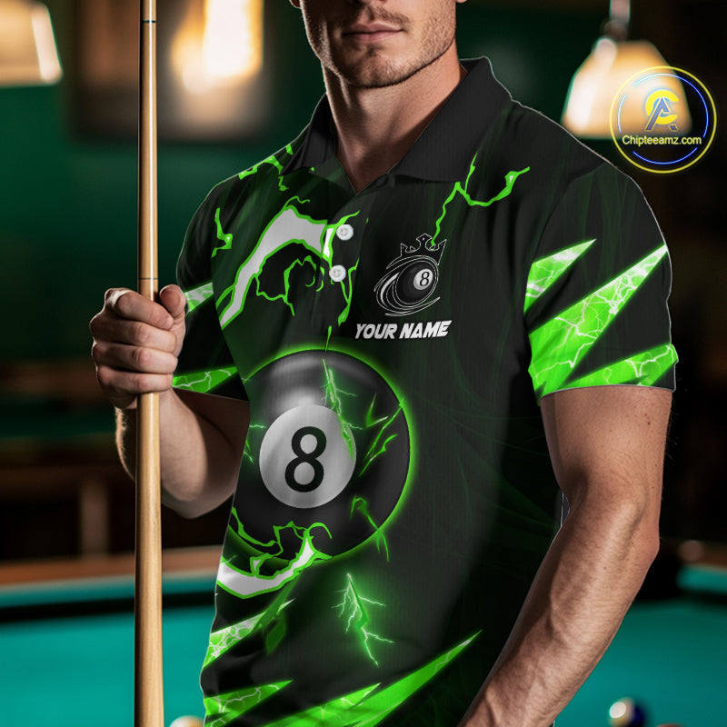 Personalized Green 8 Ball Pool Billiard Shirts For Men Custom Thunder Lightning Pool Jerseys TDM5877