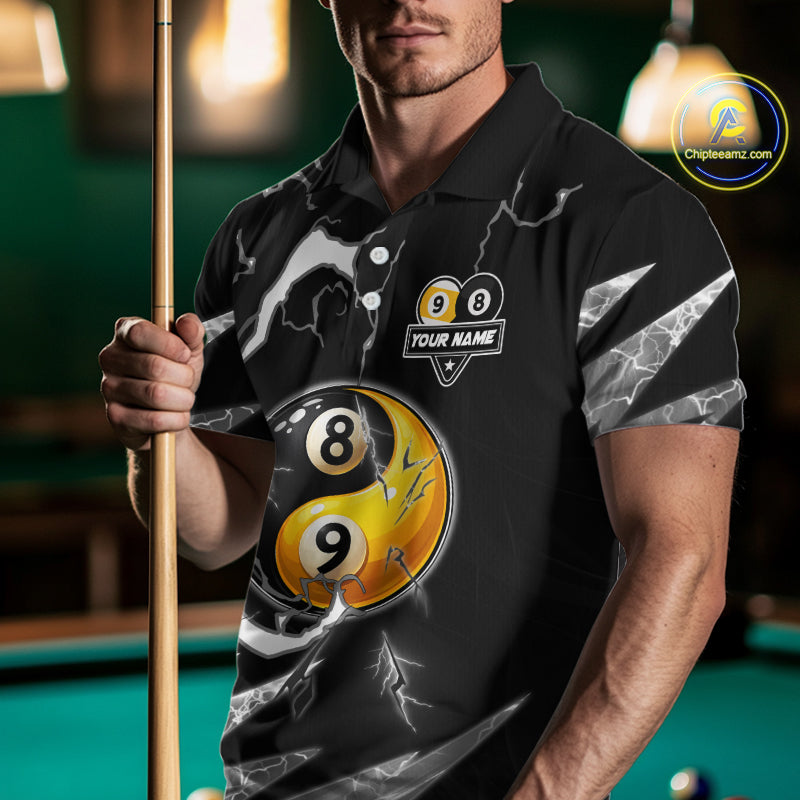 Personalized White Black 8 Ball 9 Ball Yin-Yang Billiard Shirt For Men, Lightning Pool Team Jersey TDM5879