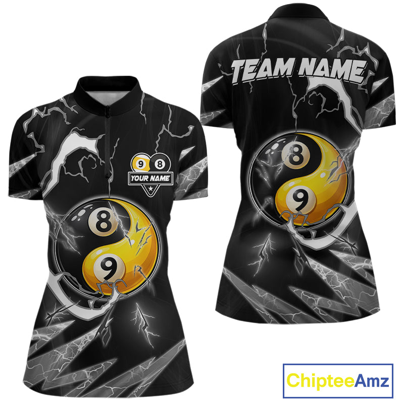Personalized White Black 8 Ball 9 Ball Yin-Yang Billiard Shirt For Women, Lightning Pool Team Jersey TDM5879