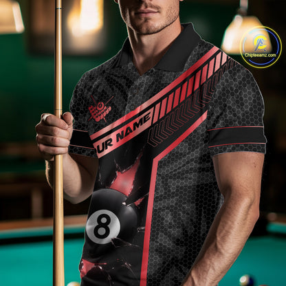 Black And Red 8 Ball Break Glass Billiard Shirt For Men Custom Pool Team Jersey Polo & 1/4 Zip TDM6253