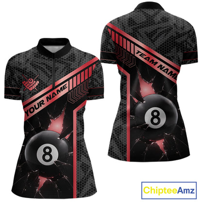 Black And Red 8 Ball Break Glass Billiard Shirt For Women Custom Pool Team Jersey Polo & 1/4 Zip TDM6253