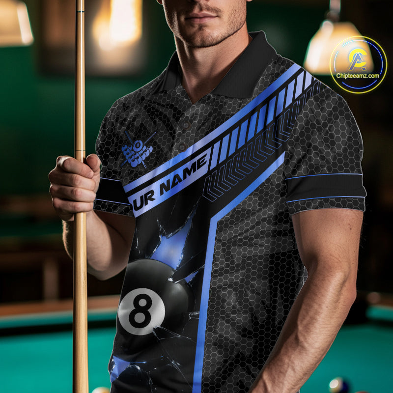 Black And Blue 8 Ball Break Glass Billiard Shirt For Men Custom Pool Team Jersey Polo & 1/4 Zip TDM6254