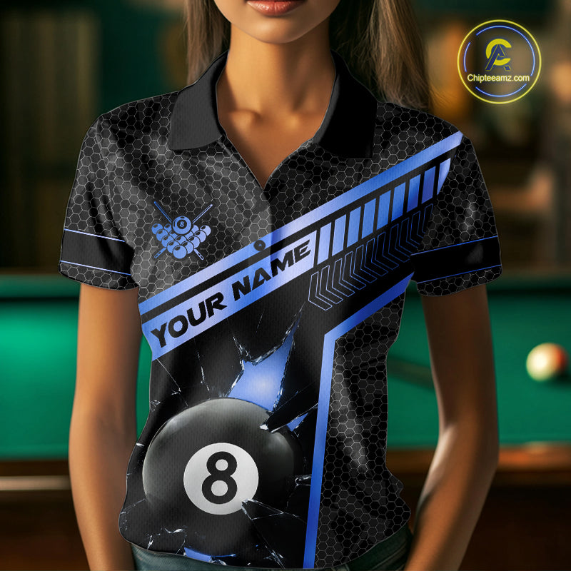 Black And Blue 8 Ball Break Glass Billiard Shirt For Women Custom Pool Team Jersey Polo & 1/4 Zip TDM6254