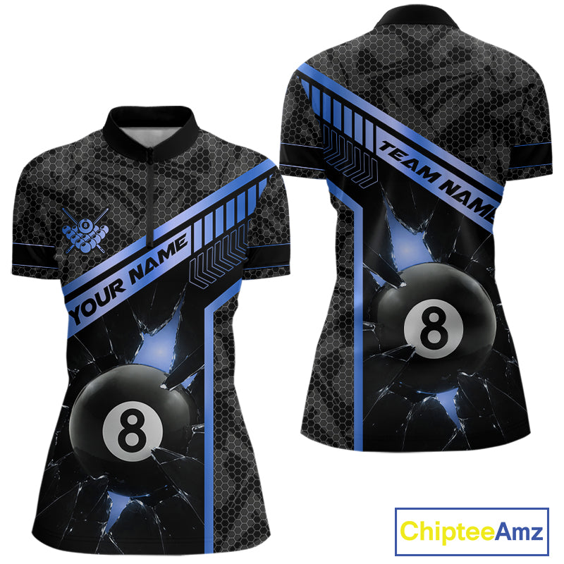 Black And Blue 8 Ball Break Glass Billiard Shirt For Women Custom Pool Team Jersey Polo & 1/4 Zip TDM6254