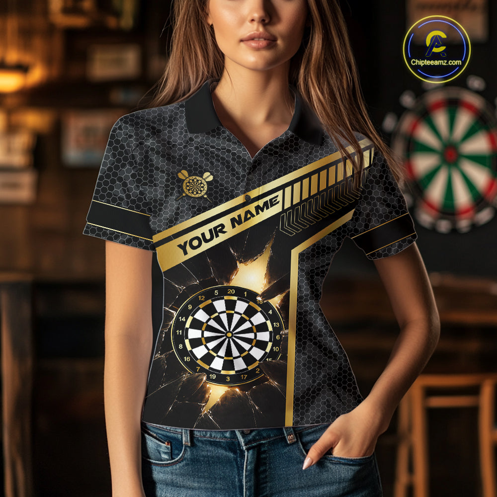 Black And Gold Break Glass Darts Shirt For Women Custom Darts Jersey Team Polo & Quarter Zip Shirt TDM6255