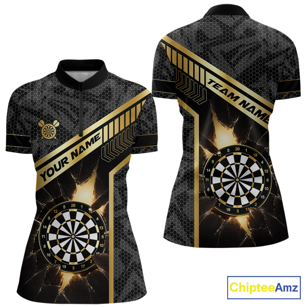 Black And Gold Break Glass Darts Shirt For Women Custom Darts Jersey Team Polo & Quarter Zip Shirt TDM6255