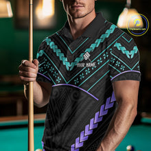 Load image into Gallery viewer, Man wearing custom teal and purple tribal 9 ball pool billiard polo shirt front view.