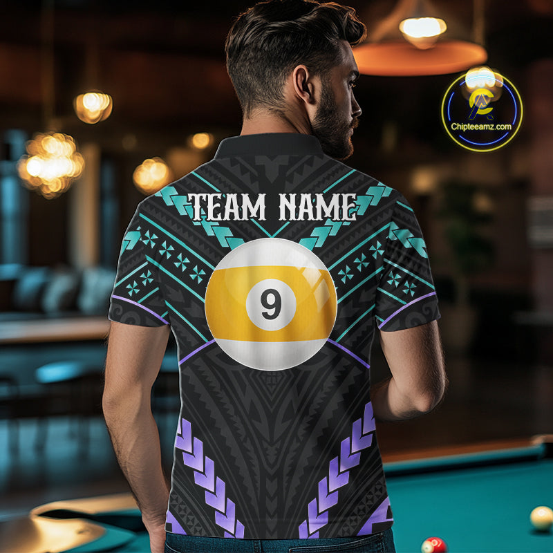 Man wearing custom teal and purple tribal 9 ball pool billiard polo shirt back view.