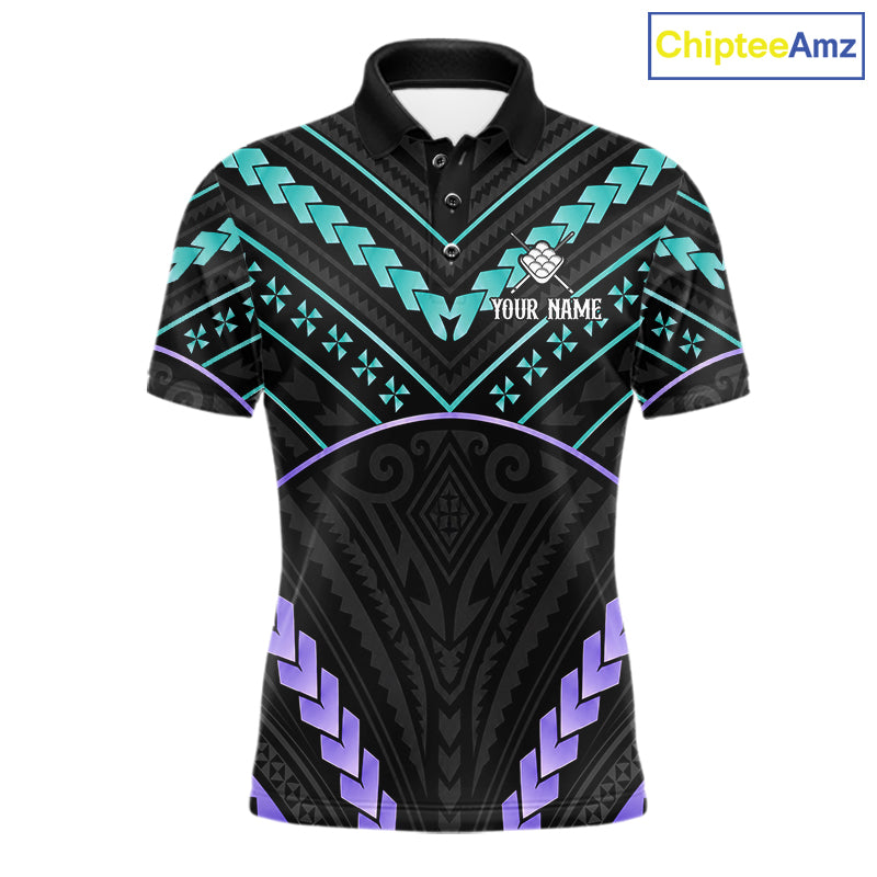 Custom teal and purple tribal 9 ball pool billiard team jersey polo shirt for men, personalized pool league apparel and tournament jersey.