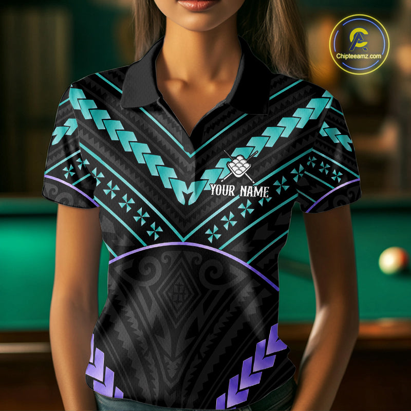Woman wearing custom teal and purple tribal 9 ball pool billiard polo shirt front view.
