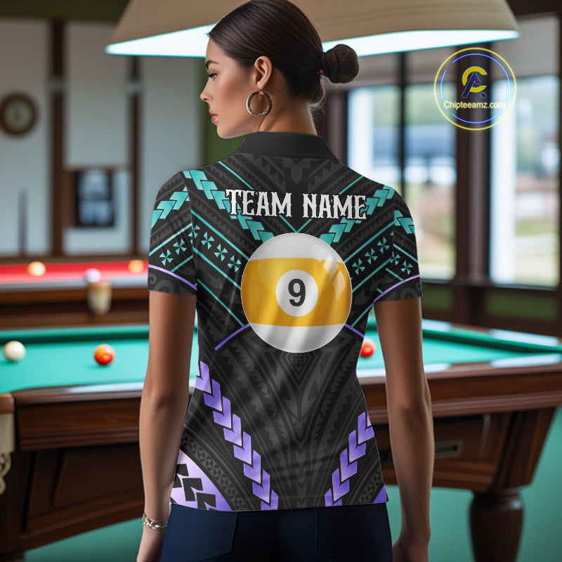 Woman wearing custom teal and purple tribal 9 ball pool billiard polo shirt back view.