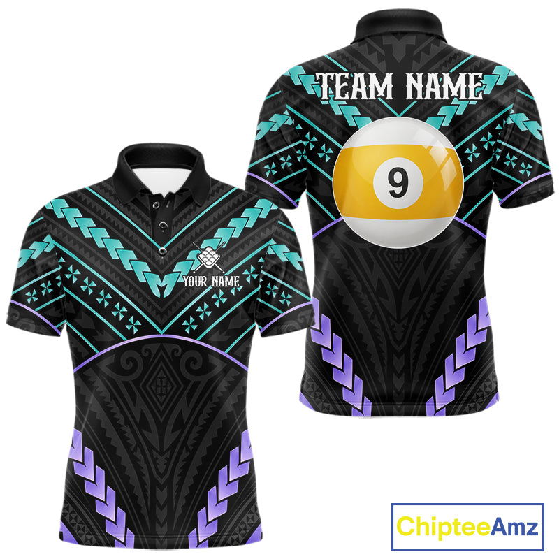 Custom teal and purple tribal 9 ball pool billiard team jersey polo shirt for men, personalized pool league apparel and tournament jersey.