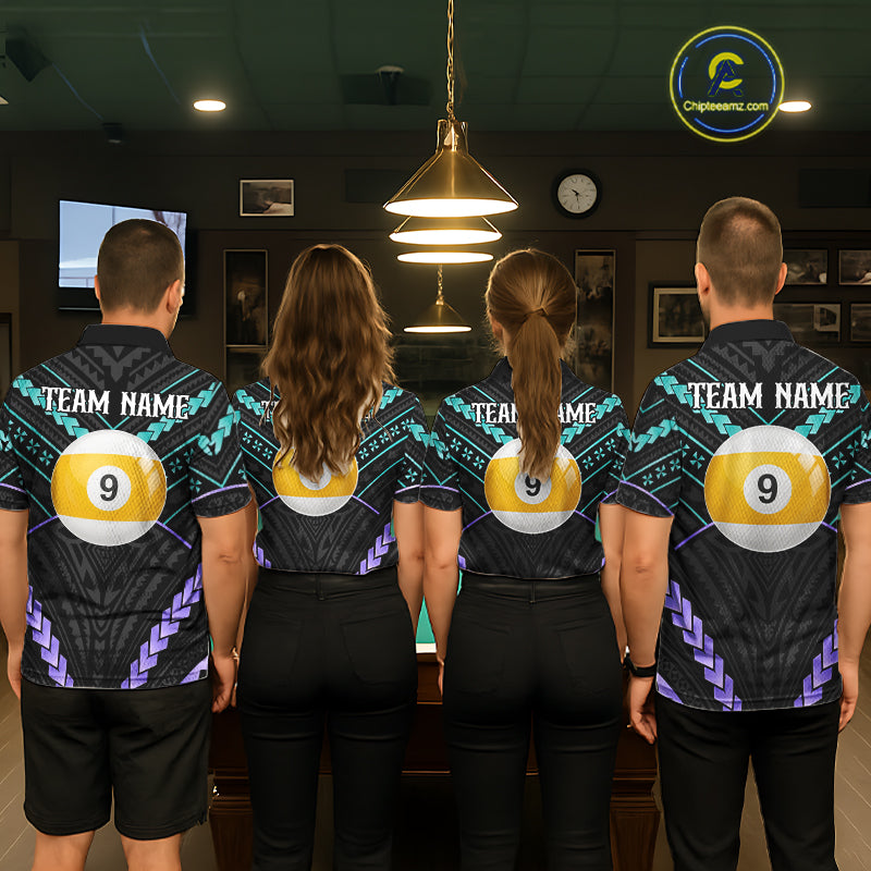 Billiard team wearing matching teal and purple tribal 9 ball pool jerseys back view