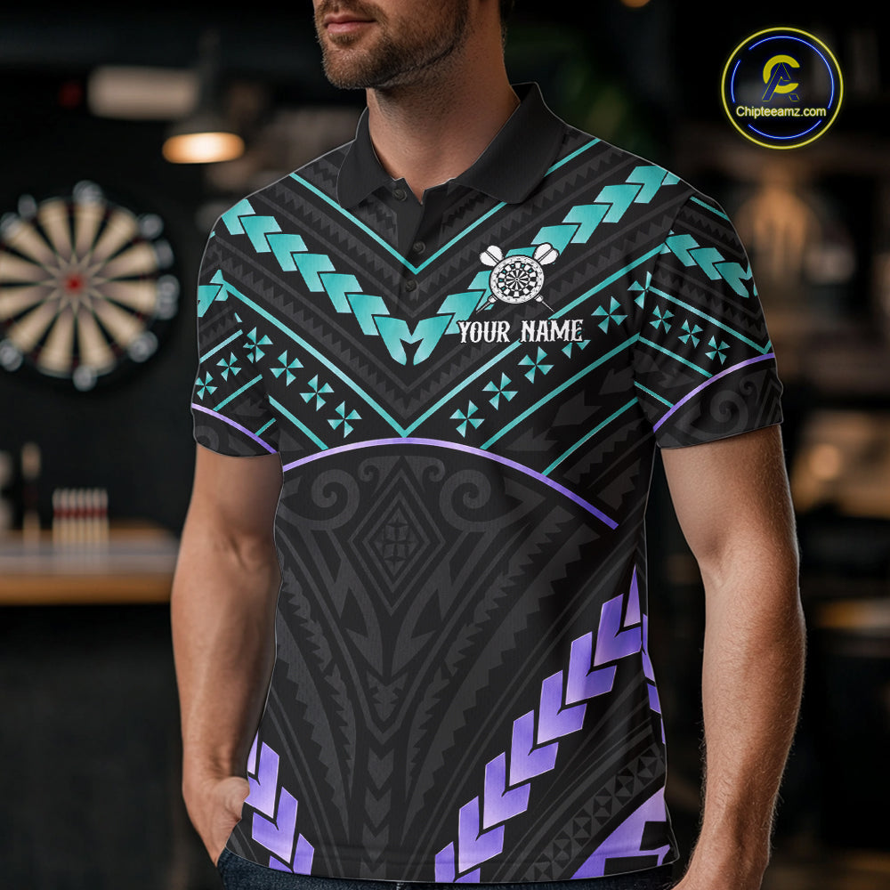 Man wearing custom teal and purple tribal dartboard darts polo shirt front view.
