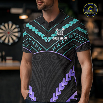Man wearing custom teal and purple tribal dartboard darts polo shirt front view.