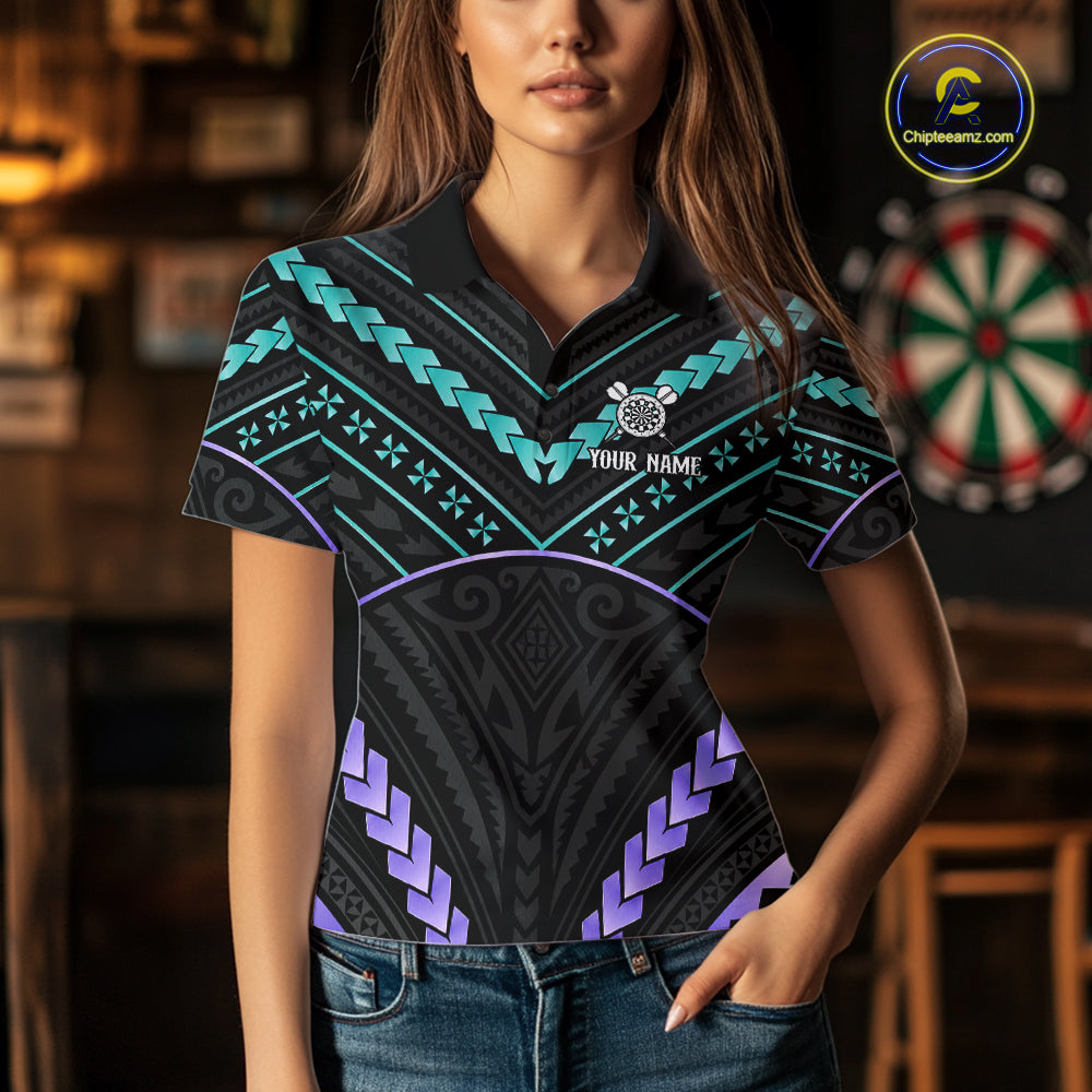 Woman wearing custom teal and purple tribal dartboard darts polo shirt front view.