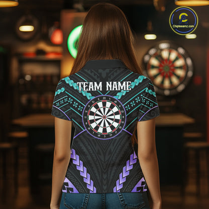 Woman wearing custom teal and purple tribal dartboard darts polo shirt back view.