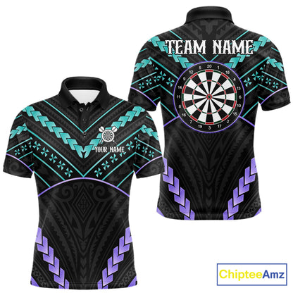 Custom teal and purple tribal dartboard darts team jersey polo shirt for men, personalized darts league apparel and tournament jersey.