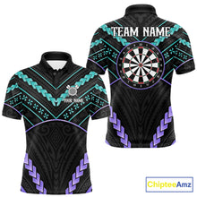 Load image into Gallery viewer, Custom teal and purple tribal dartboard darts team jersey polo shirt for men, personalized darts league apparel and tournament jersey.