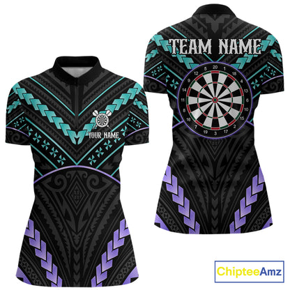 Custom teal and purple tribal dartboard darts quarter zip shirt for women, personalized darts team jersey.