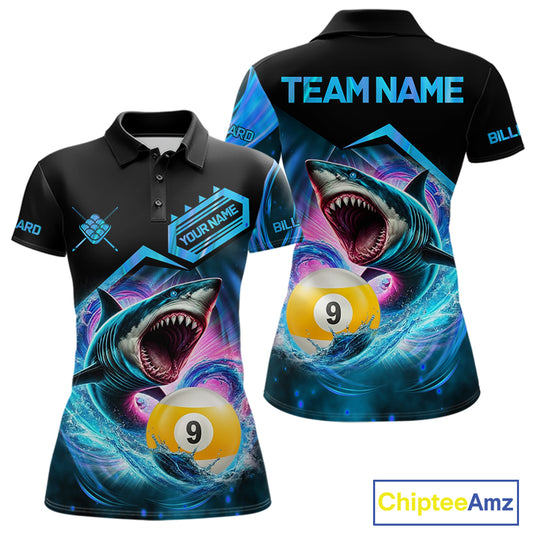 Blue 9 ball pool billiard shark team jersey polo shirt for women featuring a fierce shark and 9 ball design, premium custom billiard league apparel.