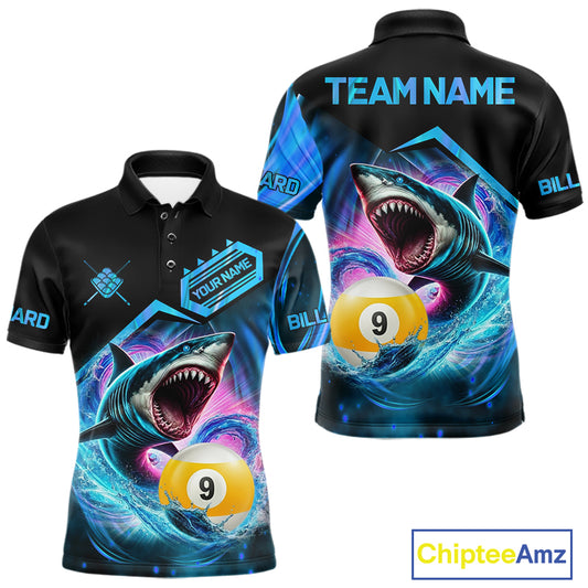 Blue 9 ball pool billiard shark team jersey polo shirt for men featuring a fierce shark and 9 ball design, premium custom billiard league apparel.