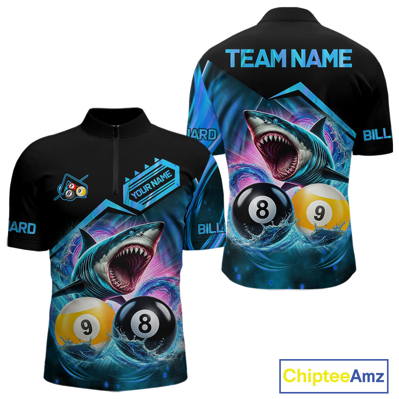 Blue 8 ball and 9 ball pool billiard shark team jersey quarter zip shirt for men featuring shark, 8 ball and 9 ball artwork, premium custom billiard apparel.