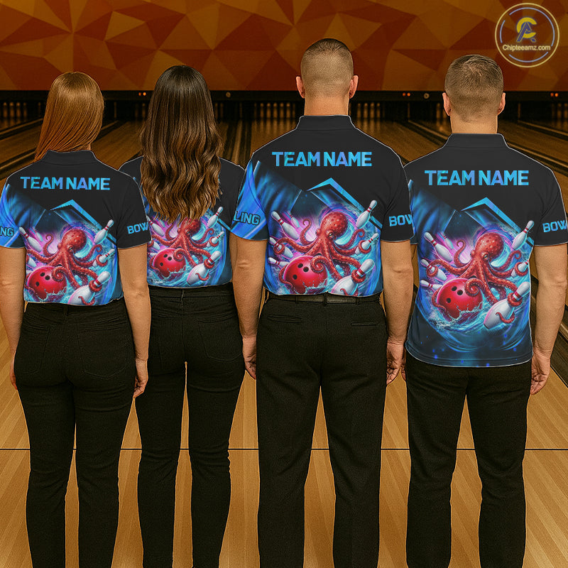 Bowling team wearing matching personalized blue glowing octopus bowling team jerseys, back view.