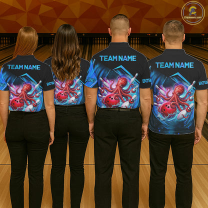 Bowling team wearing matching personalized blue glowing octopus bowling team jerseys, back view.