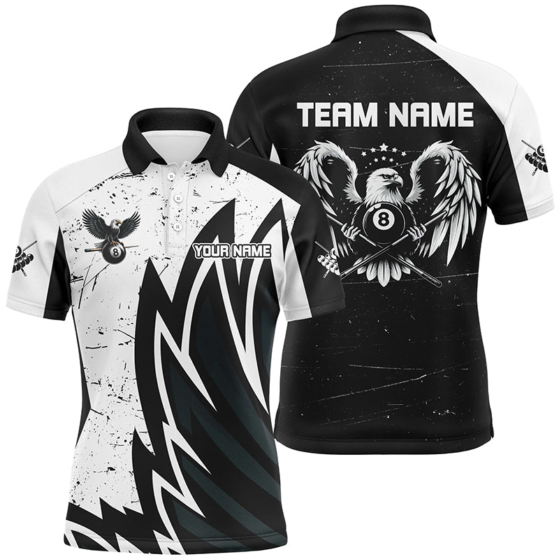 Personalized Grunge Black White Eagle Wings Billiard Shirts For Men, Billiard Jersey Short Sleeves TDM2446