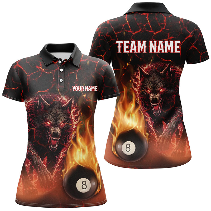 Custom 3D Wolf 8 Ball Fire Flame Billiard Polo, 1/4 Zip Shirts For Women Team League Billiard Jerseys TDM2450