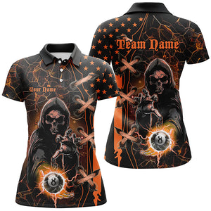 Orange Death Skeleton Lightning US Flag Billiard Shirts For Women, Scary Halloween Billiard Jerseys TDM2676