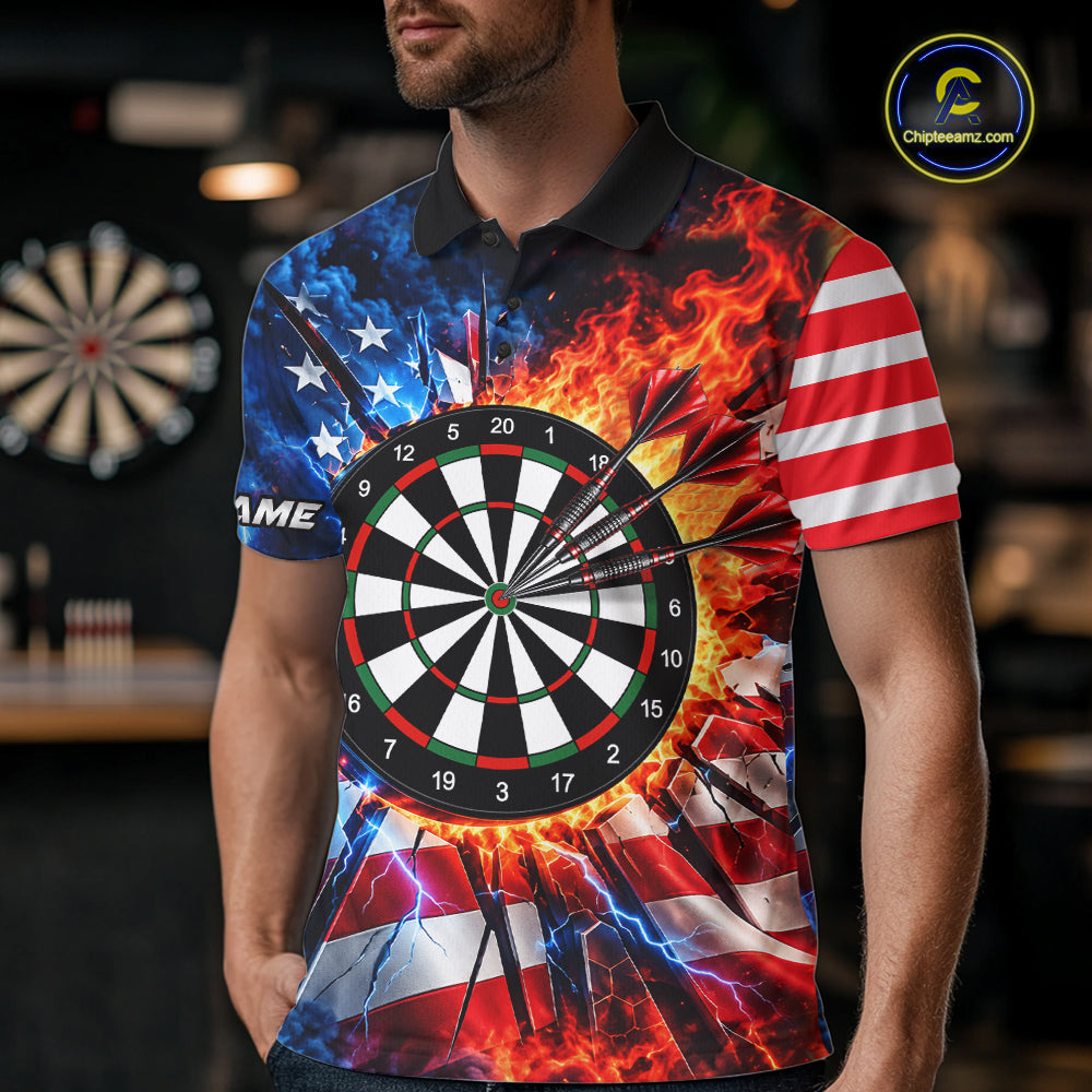 Custom Lightning Flame American Flag Darts Shirts For Men, Patriotic Darts League Team Jersey TDM7780