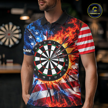 Custom Lightning Flame American Flag Darts Shirts For Men, Patriotic Darts League Team Jersey TDM7780