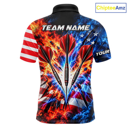 Custom Lightning Flame American Flag Darts Shirts For Men, Patriotic Darts League Team Jersey TDM7780