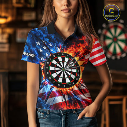 Custom Lightning Flame American Flag Darts Shirts For Women, Patriotic Darts League Team Jersey TDM7780