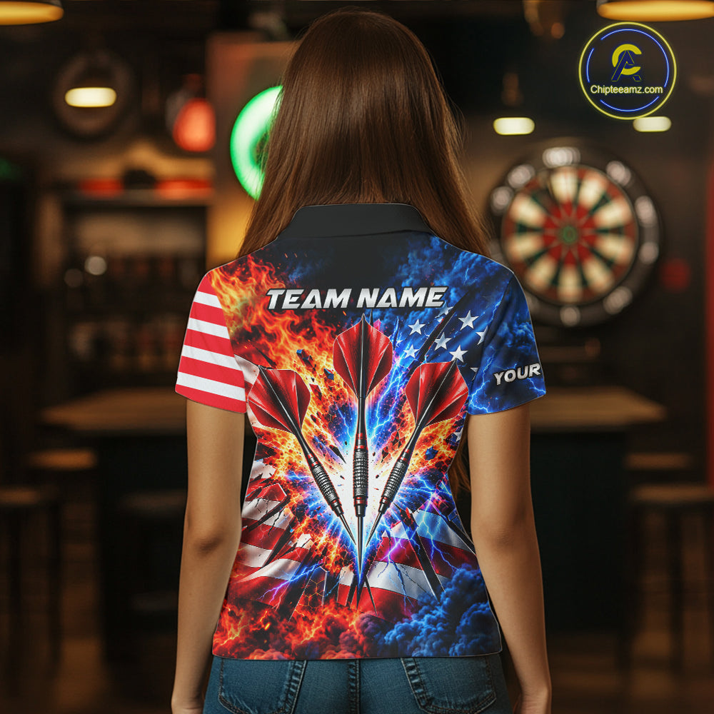 Custom Lightning Flame American Flag Darts Shirts For Women, Patriotic Darts League Team Jersey TDM7780