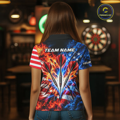 Custom Lightning Flame American Flag Darts Shirts For Women, Patriotic Darts League Team Jersey TDM7780