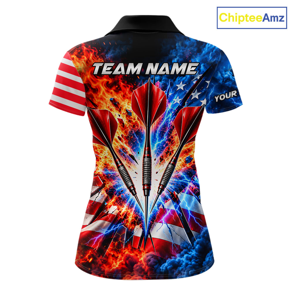 Custom Lightning Flame American Flag Darts Shirts For Women, Patriotic Darts League Team Jersey TDM7780