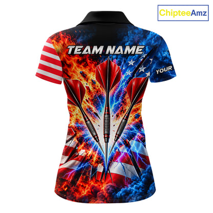 Custom Lightning Flame American Flag Darts Shirts For Women, Patriotic Darts League Team Jersey TDM7780