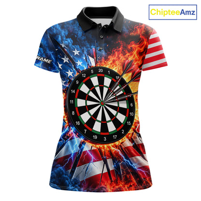 Custom Lightning Flame American Flag Darts Shirts For Women, Patriotic Darts League Team Jersey TDM7780