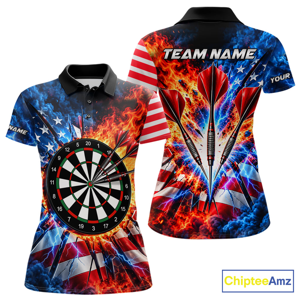 Custom Lightning Flame American Flag Darts Shirts For Women, Patriotic Darts League Team Jersey TDM7780