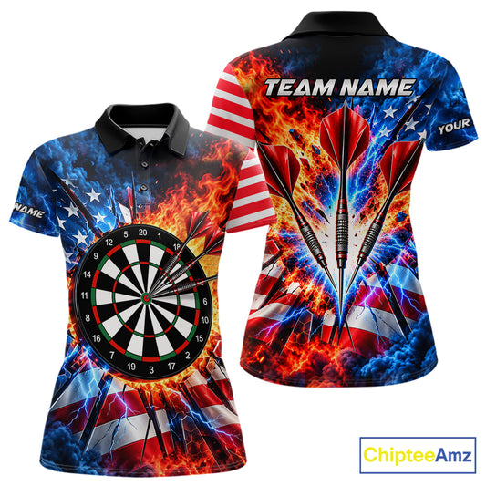 Custom Lightning Flame American Flag Darts Shirts For Women, Patriotic Darts League Team Jersey TDM7780