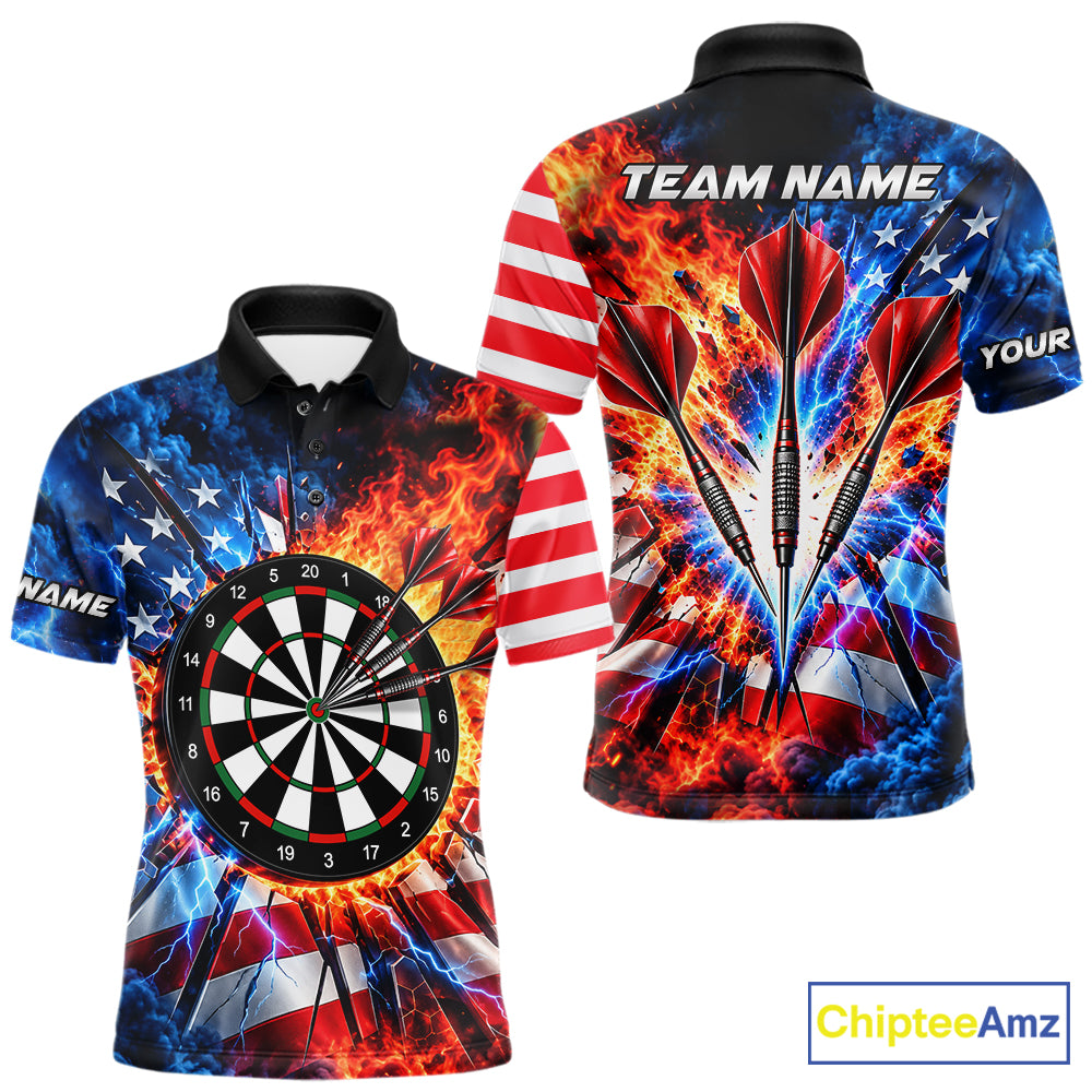 Custom Lightning Flame American Flag Darts Shirts For Men, Patriotic Darts League Team Jersey TDM7780