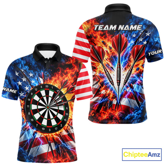 Custom Lightning Flame American Flag Darts Shirts For Men, Patriotic Darts League Team Jersey TDM7780