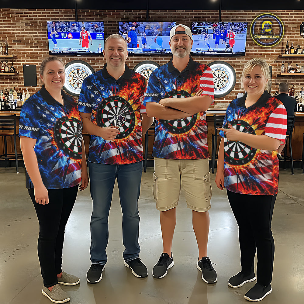 Custom Lightning Flame American Flag Darts Shirts For Men, Patriotic Darts League Team Jersey TDM7780