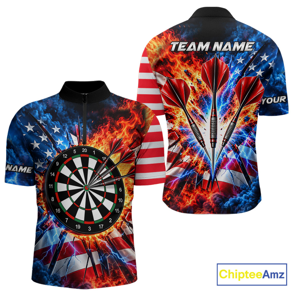Custom Lightning Flame American Flag Darts Shirts For Men, Patriotic Darts League Team Jersey TDM7780