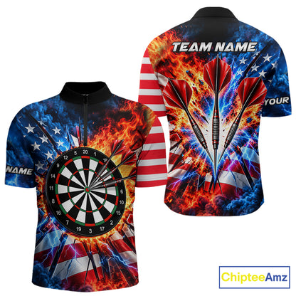 Custom Lightning Flame American Flag Darts Shirts For Men, Patriotic Darts League Team Jersey TDM7780