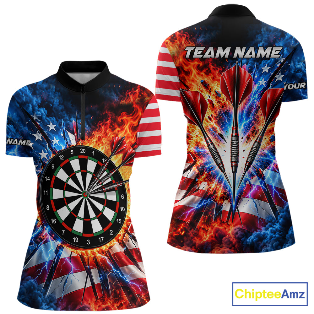 Custom Lightning Flame American Flag Darts Shirts For Women, Patriotic Darts League Team Jersey TDM7780